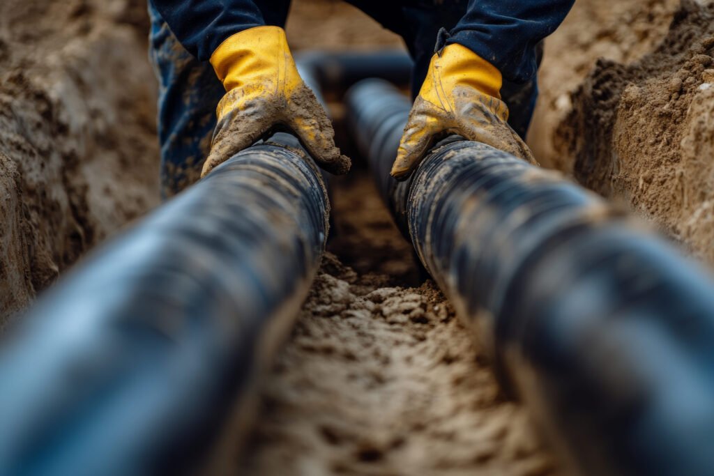 Black Sewer Line Pipes Being Installed