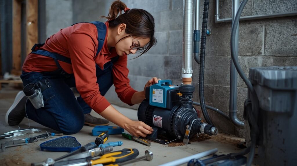 Female plumber repairing sump pump