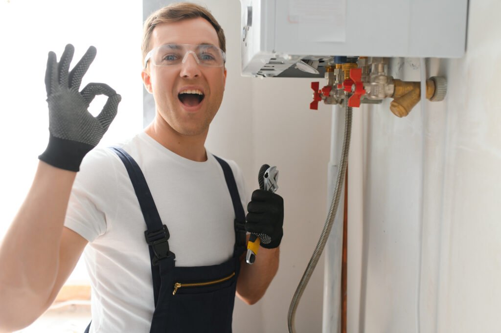 Professional plumber checking a boiler and pipes, boiler service concept