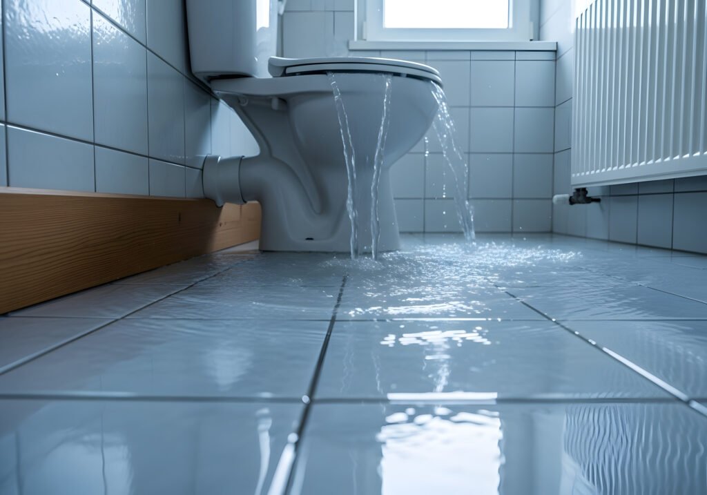 Toilet bowl and running water in the bathroom, close-up