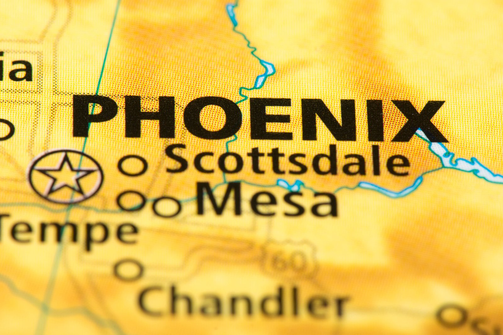 Closeup of Phoenix, Arizona on a political map of the United States.