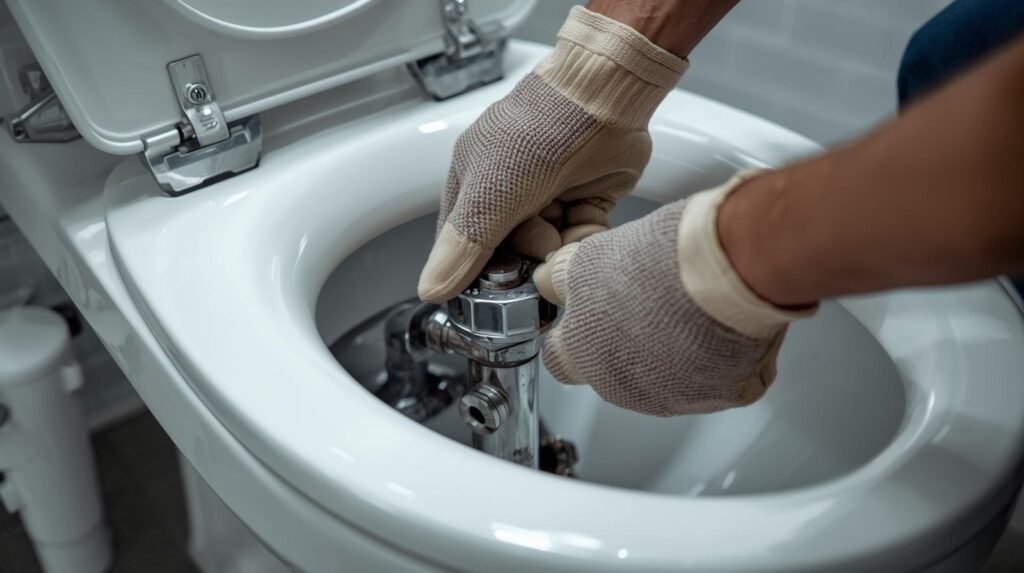 Plumber fixing a toilet problem