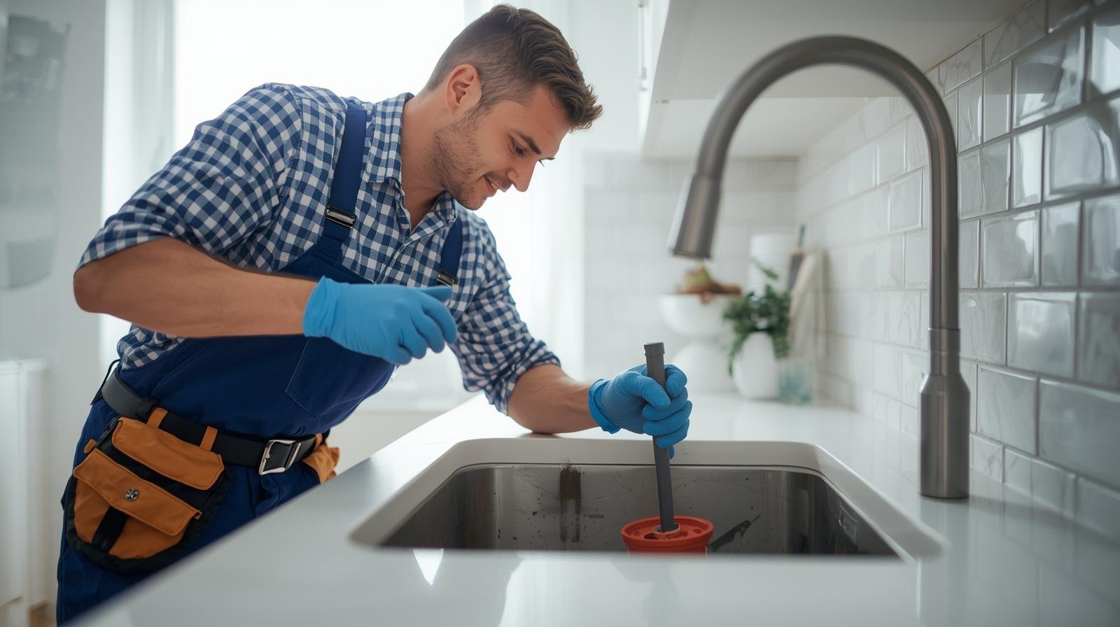 plumber unclogging a drain in a home